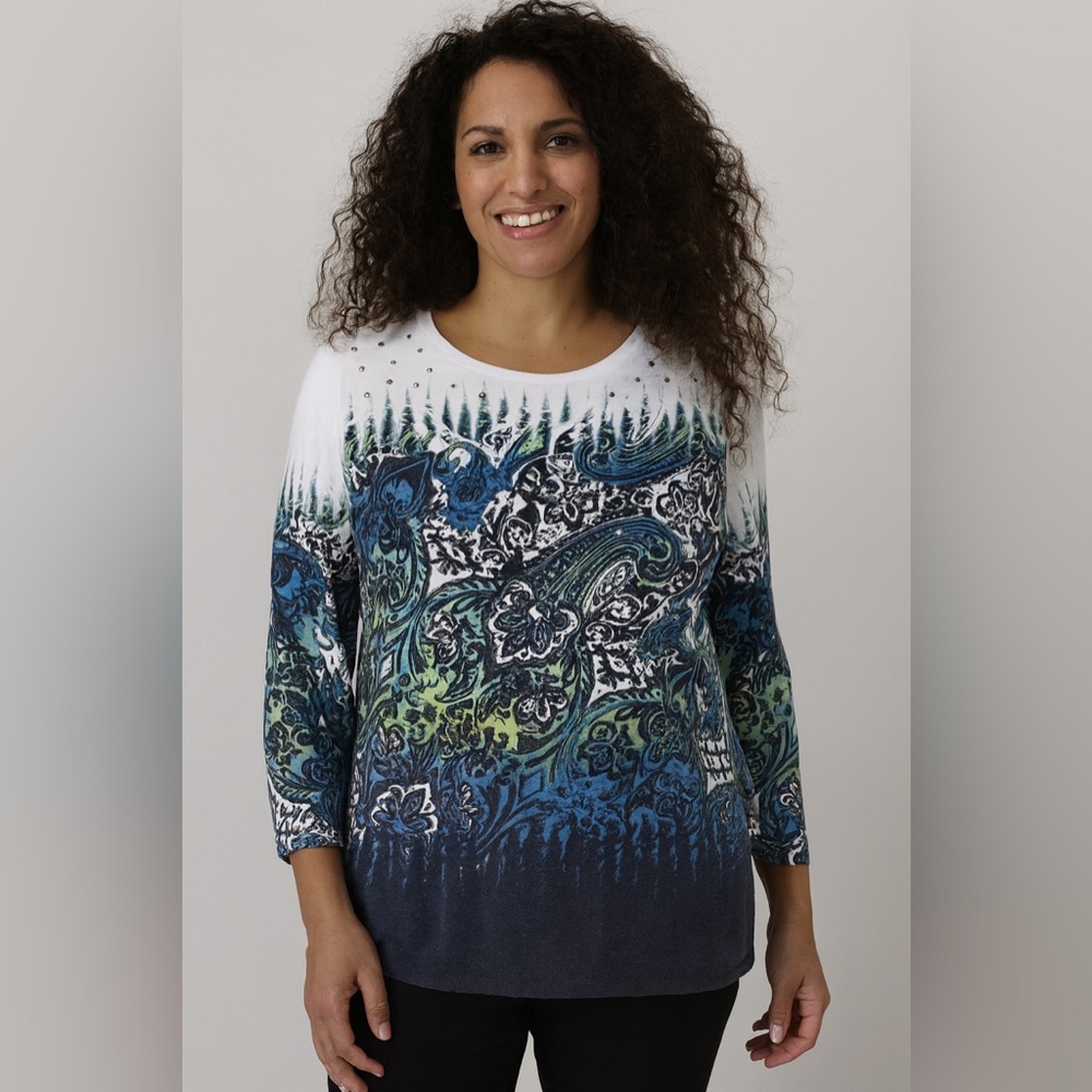Rafaella White and Blue Graphic Embellished 3/4 Sleeve Blouse